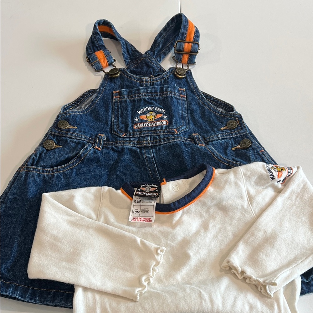 Harley-Davidson - Warner Bros, white onsie,‎ denim overalls dress